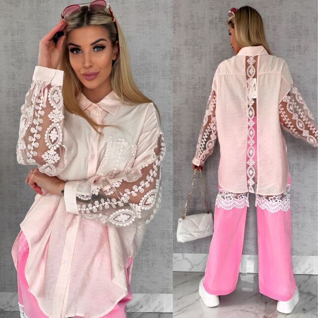 Pudrowa koszula z koronkowymi wstawkami ONE SIZE - R585