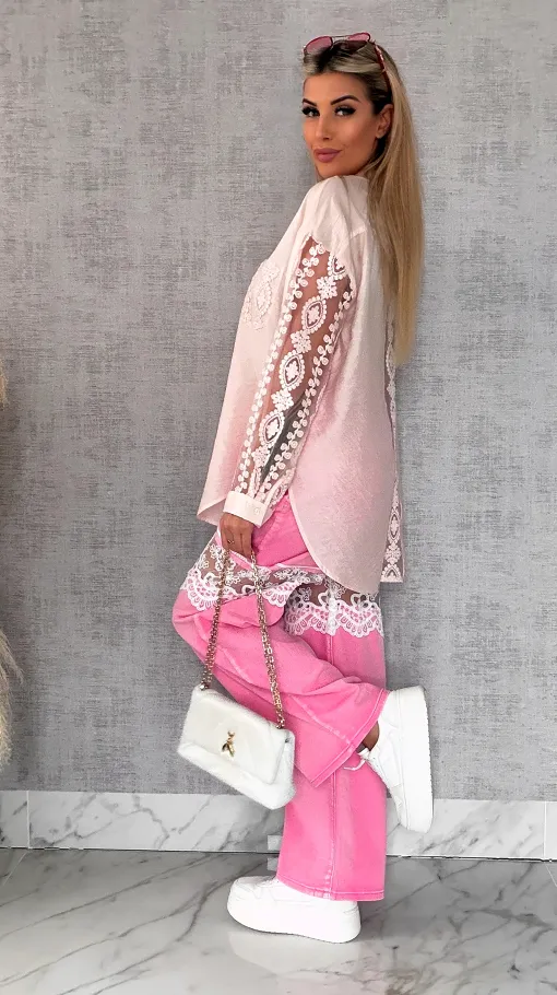 Pudrowa koszula z koronkowymi wstawkami ONE SIZE - R585