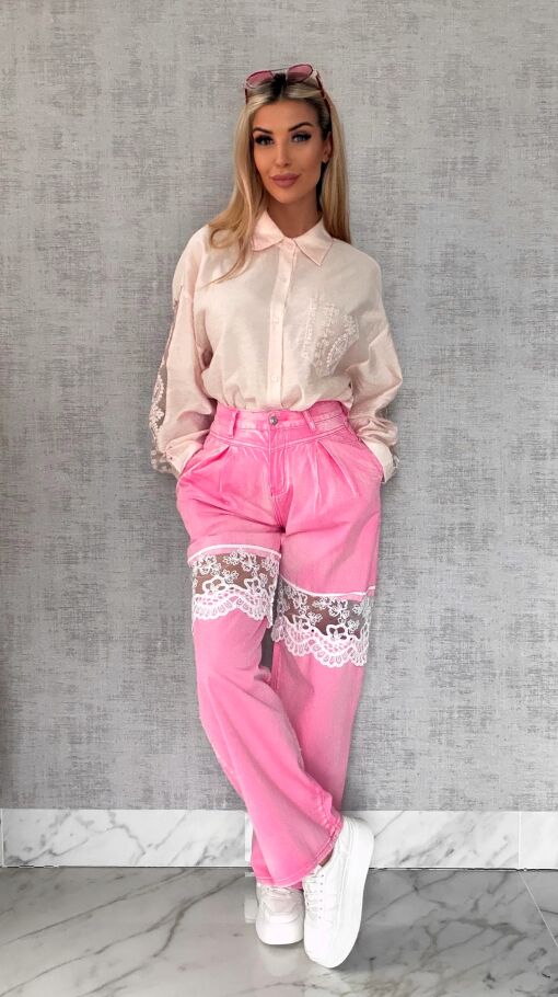 Pudrowa koszula z koronkowymi wstawkami ONE SIZE - R585