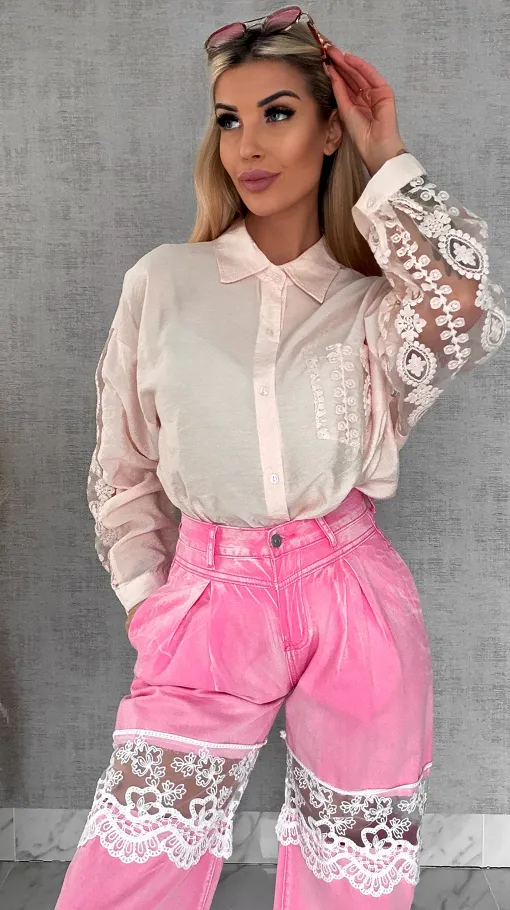Pudrowa koszula z koronkowymi wstawkami ONE SIZE - R585