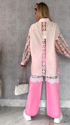 Pudrowa koszula z koronkowymi wstawkami ONE SIZE - R585