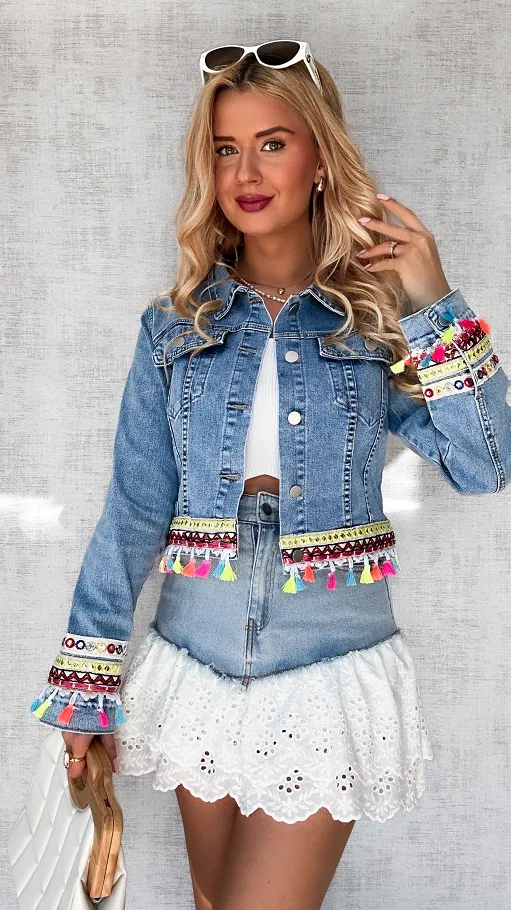 Śliczna jeansowa katana BLUE JEANS z kolorowymi frędzelkami - P709