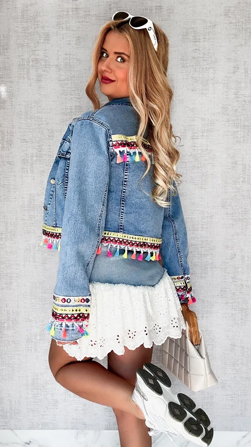 Śliczna jeansowa katana BLUE JEANS z kolorowymi frędzelkami - P709