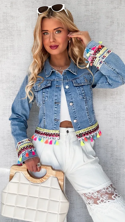 Śliczna jeansowa katana BLUE JEANS z kolorowymi frędzelkami - P709