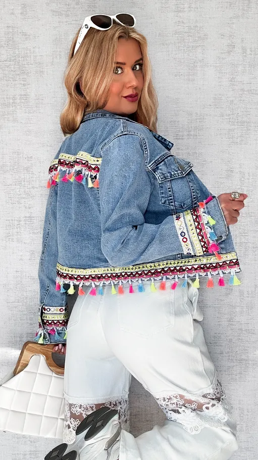 Śliczna jeansowa katana BLUE JEANS z kolorowymi frędzelkami - P709
