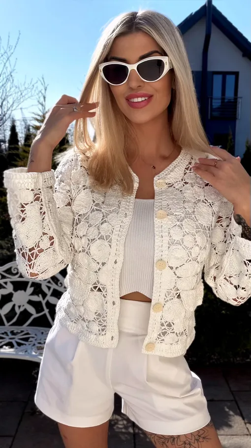 Bawełniany szydełkowy sweter na guziki ONE SIZE biały - R922