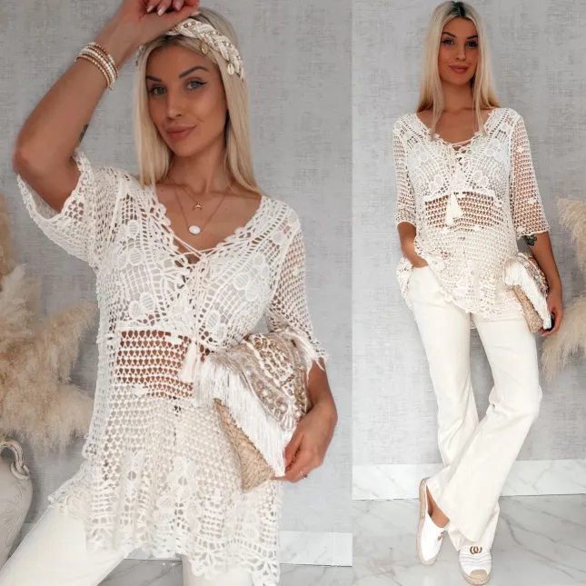 Ażurowa bawełniana bluzka w szydełkowym stylu ONE SIZE ecru - R933