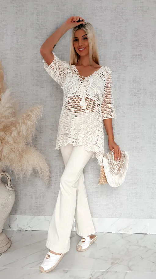 Ażurowa bawełniana bluzka w szydełkowym stylu ONE SIZE ecru - R933