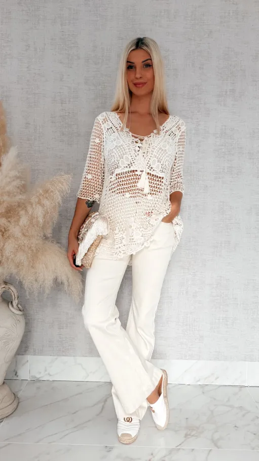 Ażurowa bawełniana bluzka w szydełkowym stylu ONE SIZE ecru - R933