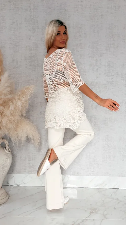 Ażurowa bawełniana bluzka w szydełkowym stylu ONE SIZE ecru - R933