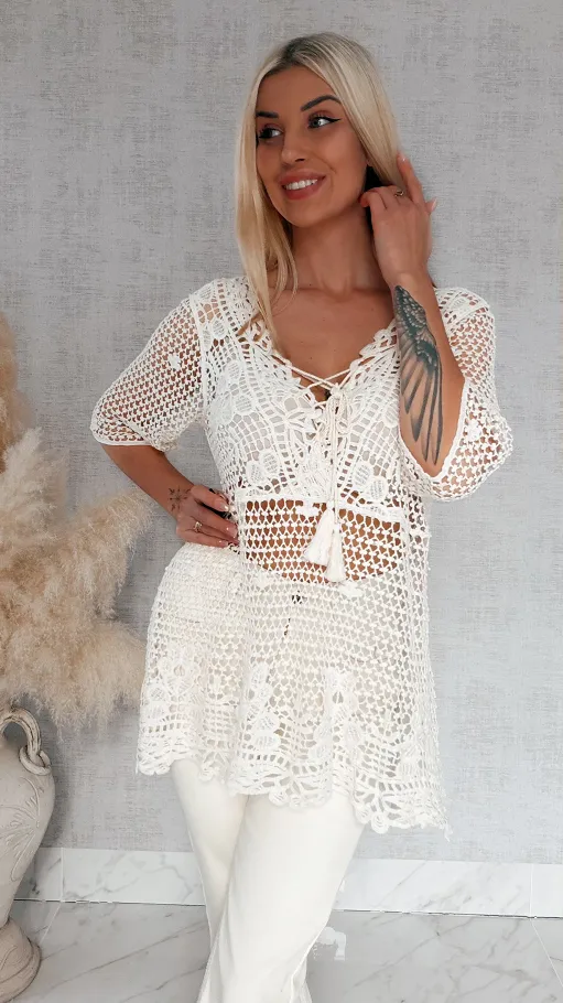 Ażurowa bawełniana bluzka w szydełkowym stylu ONE SIZE ecru - R933