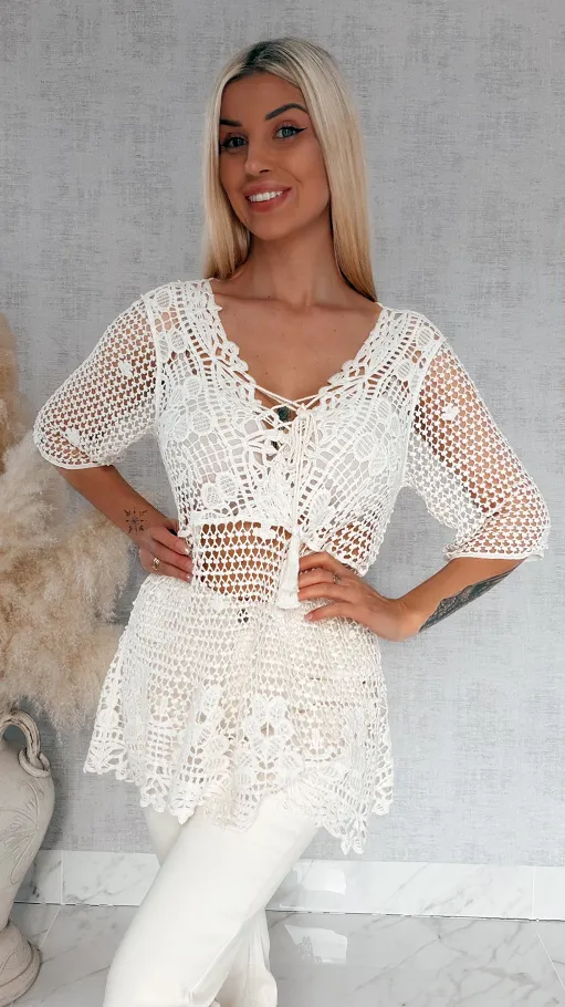 Ażurowa bawełniana bluzka w szydełkowym stylu ONE SIZE ecru - R933