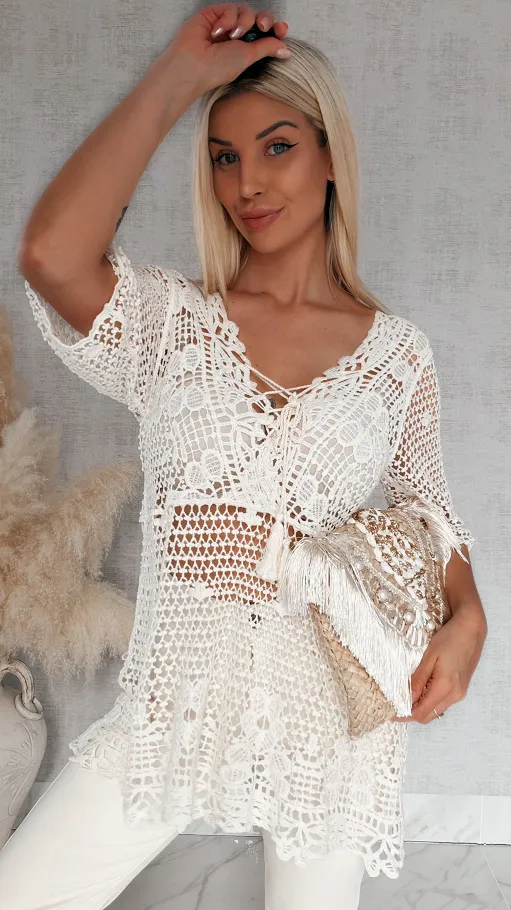 Ażurowa bawełniana bluzka w szydełkowym stylu ONE SIZE ecru - R933