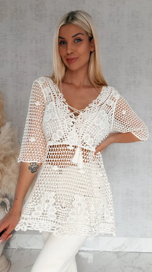 Ażurowa bawełniana bluzka w szydełkowym stylu ONE SIZE ecru - R933