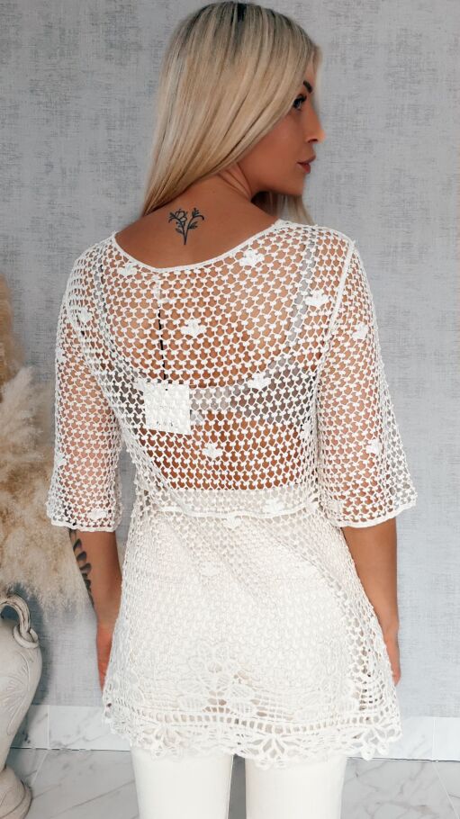 Ażurowa bawełniana bluzka w szydełkowym stylu ONE SIZE ecru - R933
