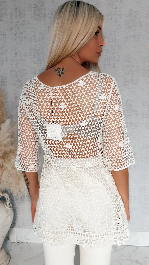 Ażurowa bawełniana bluzka w szydełkowym stylu ONE SIZE ecru - R933