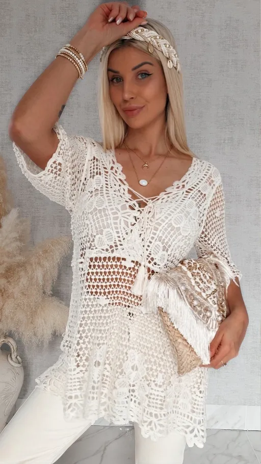 Ażurowa bawełniana bluzka w szydełkowym stylu ONE SIZE ecru - R933