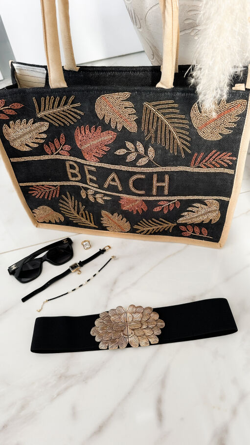 Czarny elastyczny pasek ze złotą klamrą w kształcie KWIATA - P659