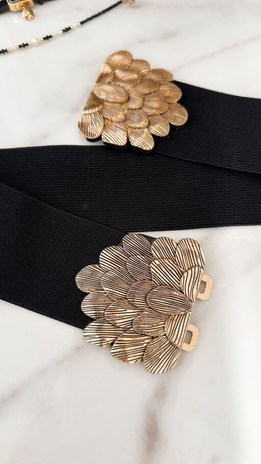 Czarny elastyczny pasek ze złotą klamrą w kształcie KWIATA - P659