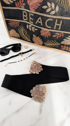 Czarny elastyczny pasek ze złotą klamrą w kształcie KWIATA - P659