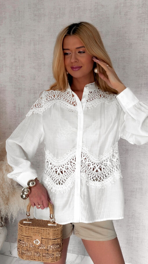 Elegancka biała koszula łączona z modną gipiurą ONE SIZE - S025