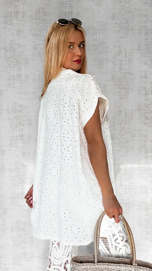 Biała bawełniana koszula z ażurowymi wstawkami ONE SIZE - P619