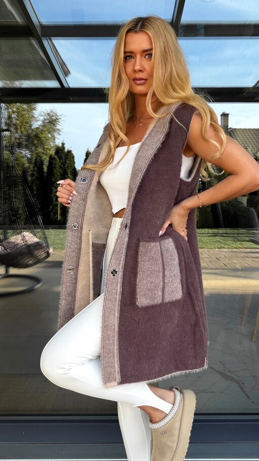 Elegancka jesienna kamizelka dwustronna ALPAKA beżowo/wrzosowa ONE SIZE - S425