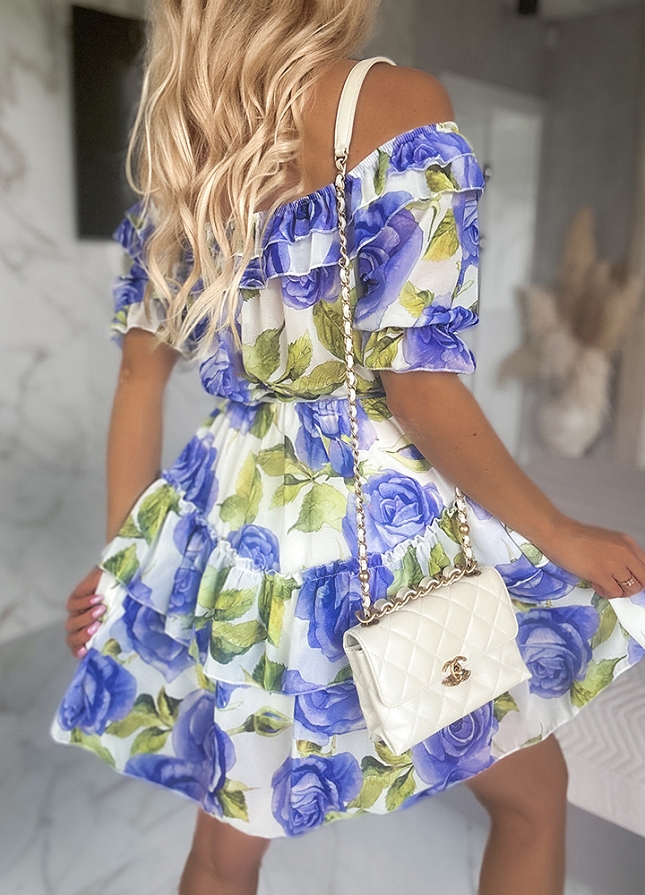 Piękna sukienka hiszpanka na wiosnę i lato w NIEBIESKIE róże - N095A