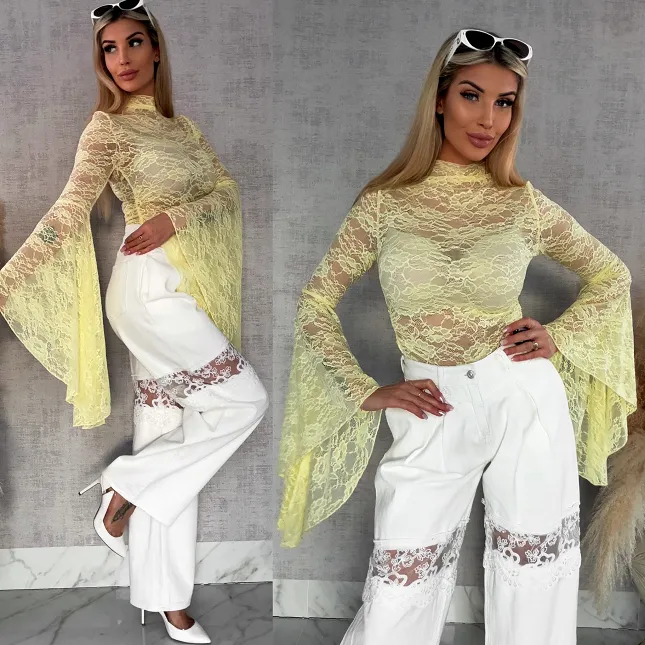 Żółta koronkowa bluzka z modnymi szerokimi rękawami ONE SIZE - R682