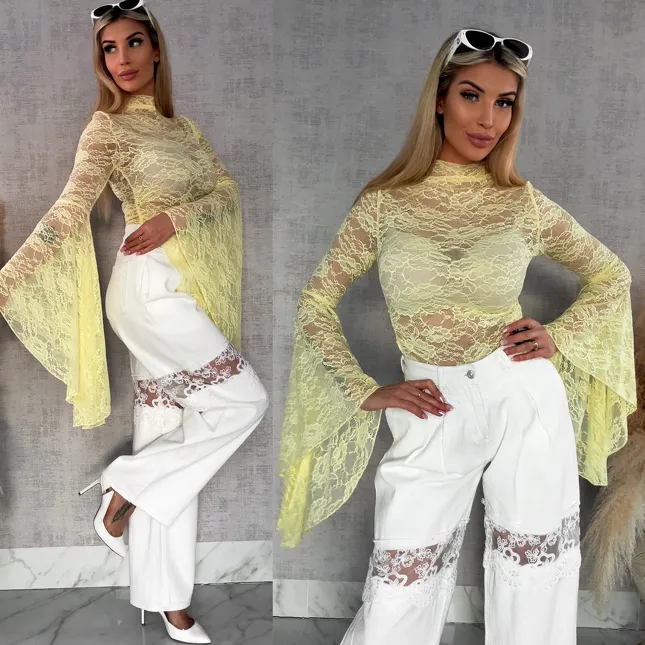 Żółta koronkowa bluzka z modnymi szerokimi rękawami ONE SIZE - R682