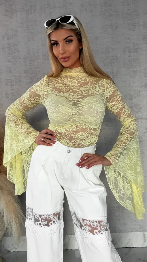 Żółta koronkowa bluzka z modnymi szerokimi rękawami ONE SIZE - R682