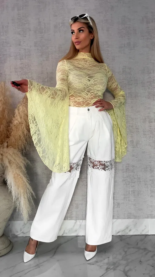 Żółta koronkowa bluzka z modnymi szerokimi rękawami ONE SIZE - R682