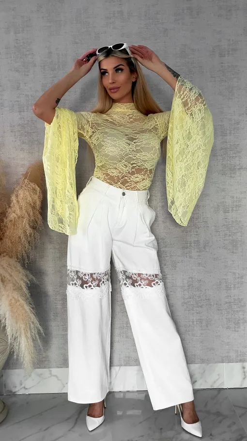 Żółta koronkowa bluzka z modnymi szerokimi rękawami ONE SIZE - R682