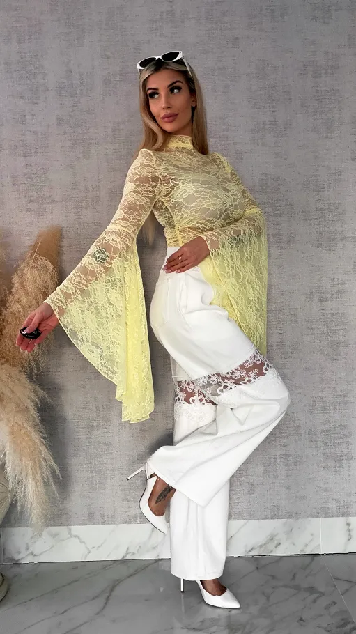 Żółta koronkowa bluzka z modnymi szerokimi rękawami ONE SIZE - R682