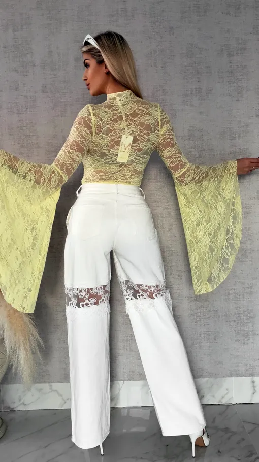 Żółta koronkowa bluzka z modnymi szerokimi rękawami ONE SIZE - R682