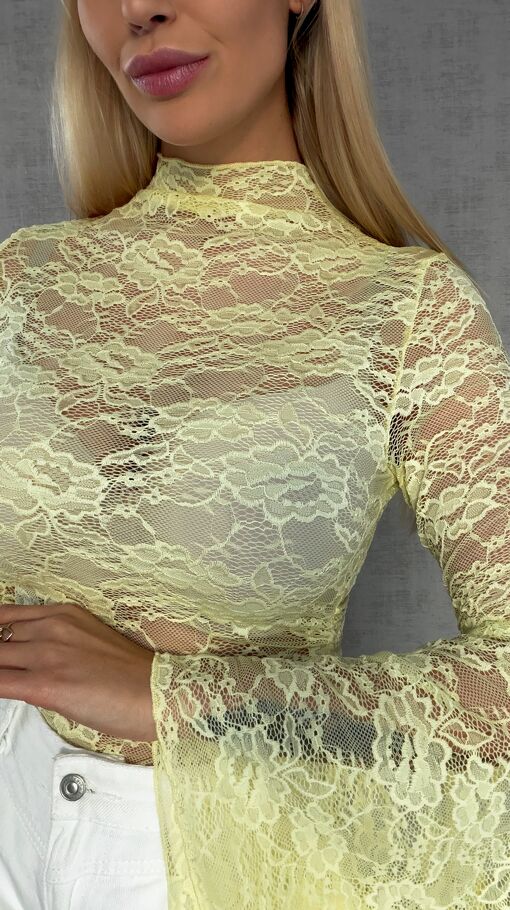 Żółta koronkowa bluzka z modnymi szerokimi rękawami ONE SIZE - R682