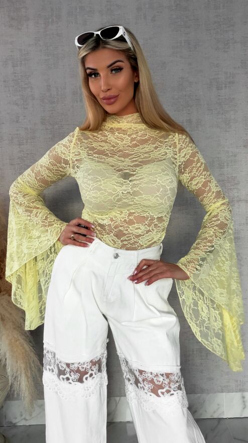 Żółta koronkowa bluzka z modnymi szerokimi rękawami ONE SIZE - R682