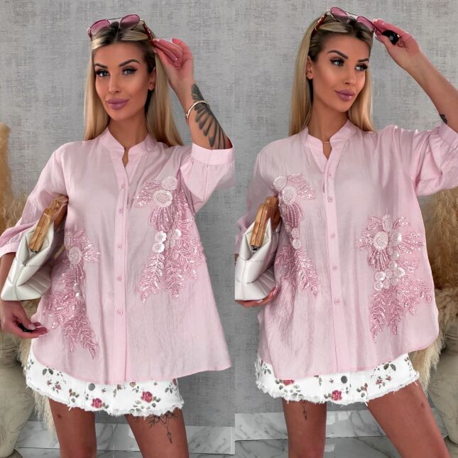 Różowa bluzka koszulowa w piękne kwiaty ONE SIZE - R678