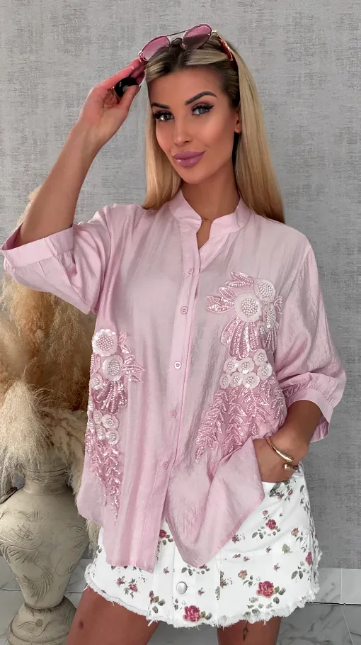 Różowa bluzka koszulowa w piękne kwiaty ONE SIZE - R678