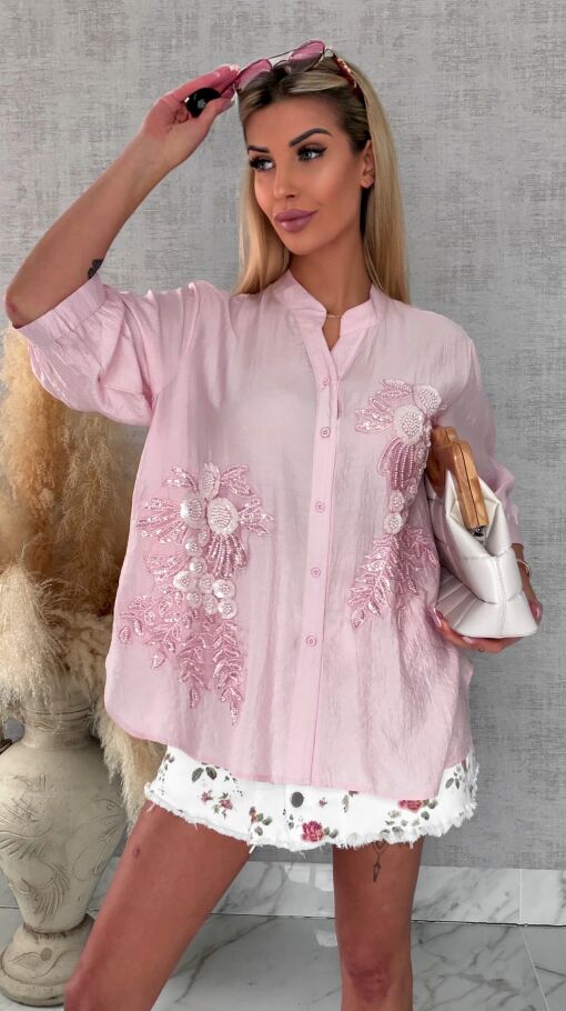 Różowa bluzka koszulowa w piękne kwiaty ONE SIZE - R678