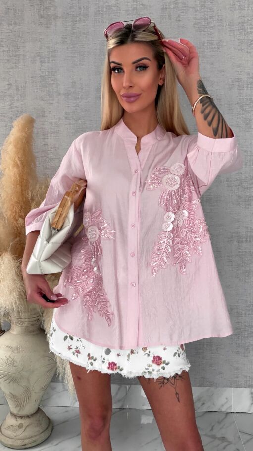 Różowa bluzka koszulowa w piękne kwiaty ONE SIZE - R678