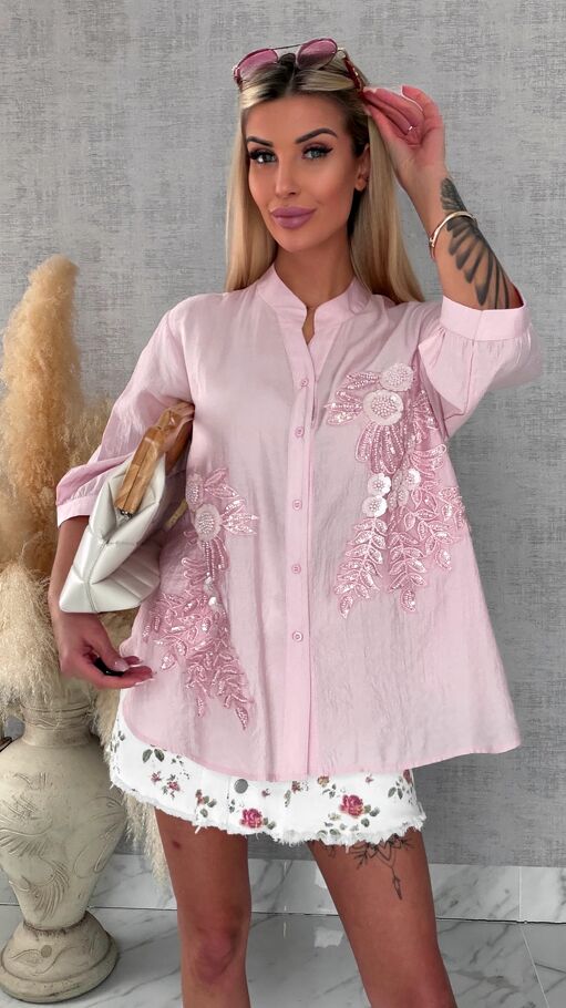Różowa bluzka koszulowa w piękne kwiaty ONE SIZE - R678