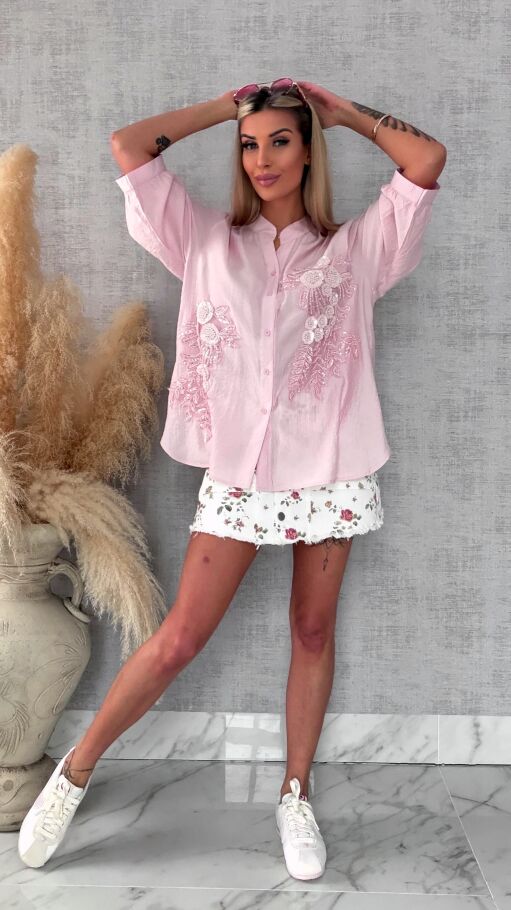 Różowa bluzka koszulowa w piękne kwiaty ONE SIZE - R678