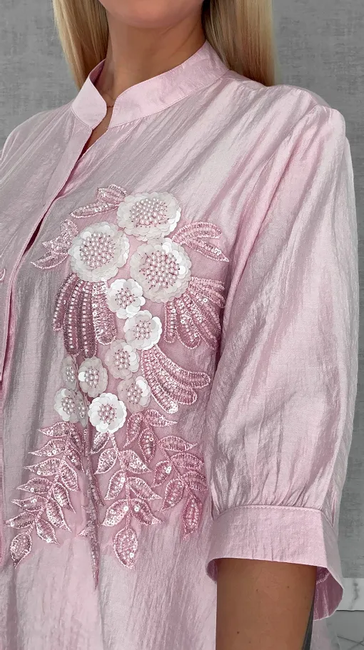 Różowa bluzka koszulowa w piękne kwiaty ONE SIZE - R678