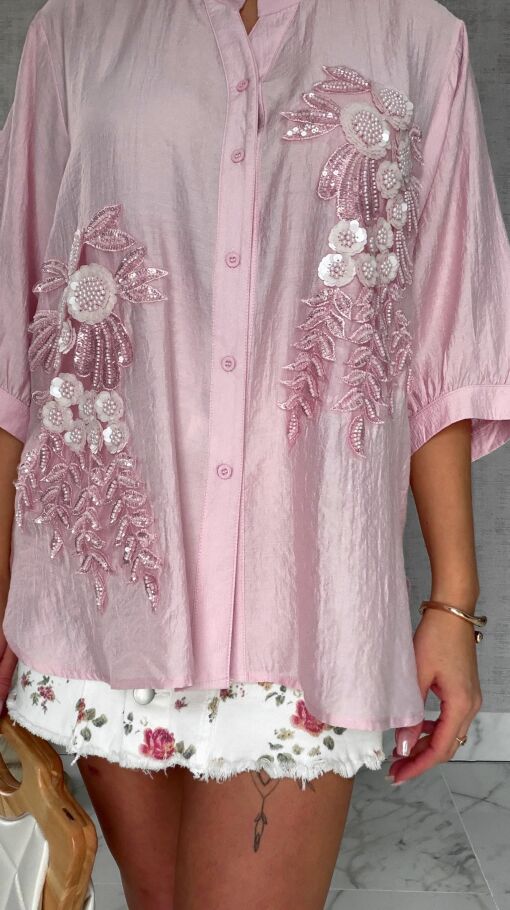Różowa bluzka koszulowa w piękne kwiaty ONE SIZE - R678