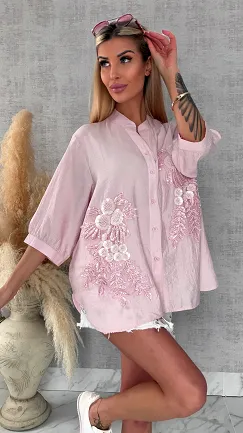 Różowa bluzka koszulowa w piękne kwiaty ONE SIZE - R678