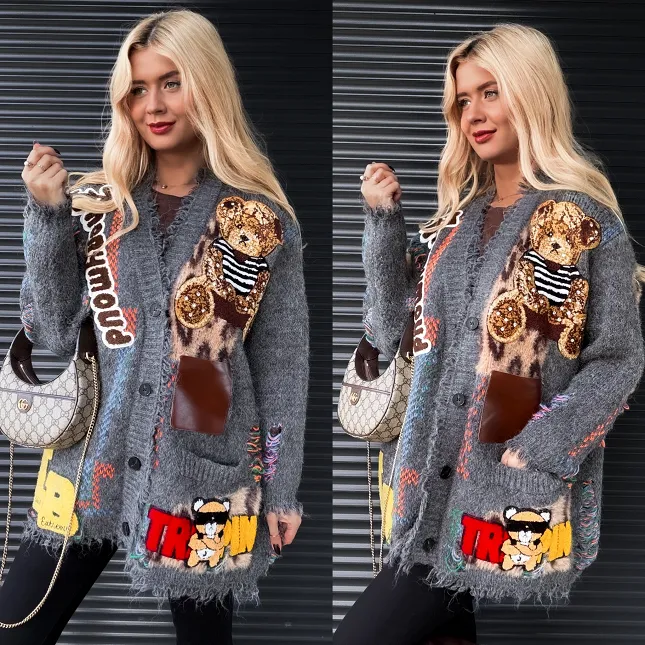 Jesienny PREMIUM sweter z kolorowymi naszywkami ONE SIZE szary - R301A