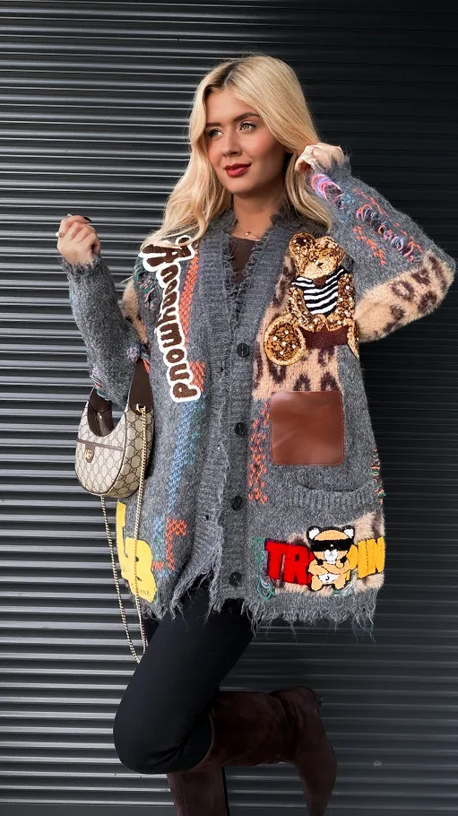 Jesienny PREMIUM sweter z kolorowymi naszywkami ONE SIZE szary - R301A