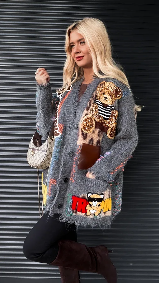 Jesienny PREMIUM sweter z kolorowymi naszywkami ONE SIZE szary - R301A