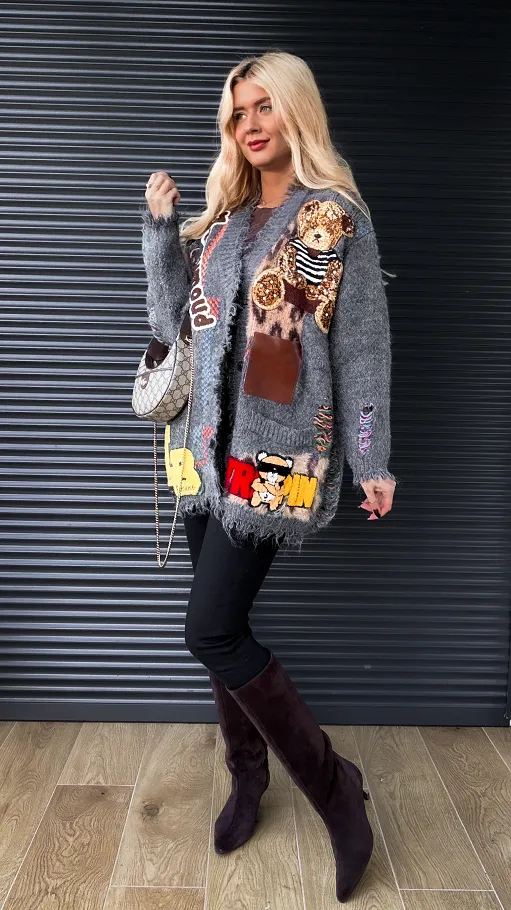 Jesienny PREMIUM sweter z kolorowymi naszywkami ONE SIZE szary - R301A